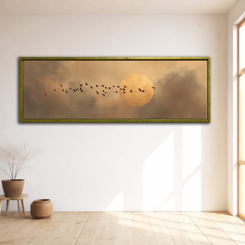 Flock of Birds and Golden Moon canvas wall art, gold floating frame
