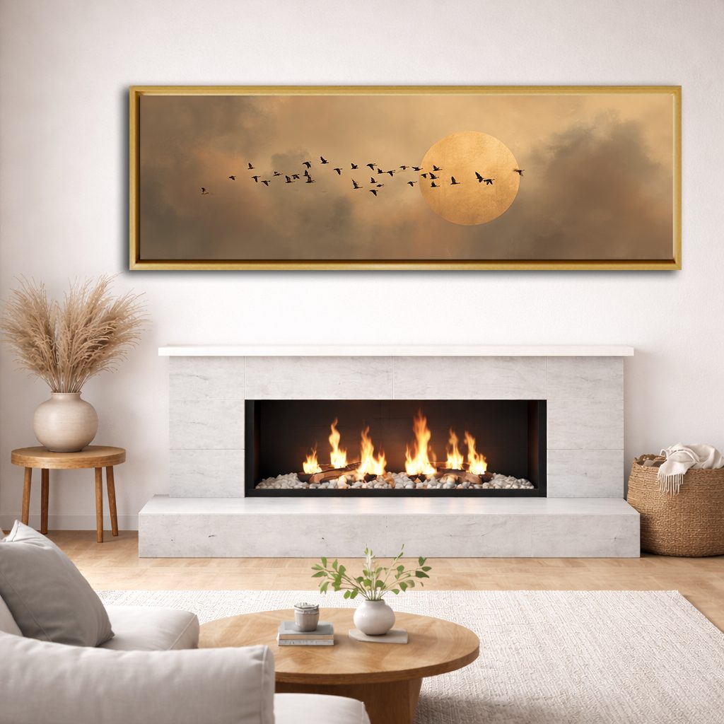 Flock of Birds and Golden Moon canvas wall art, natural wood floating frame