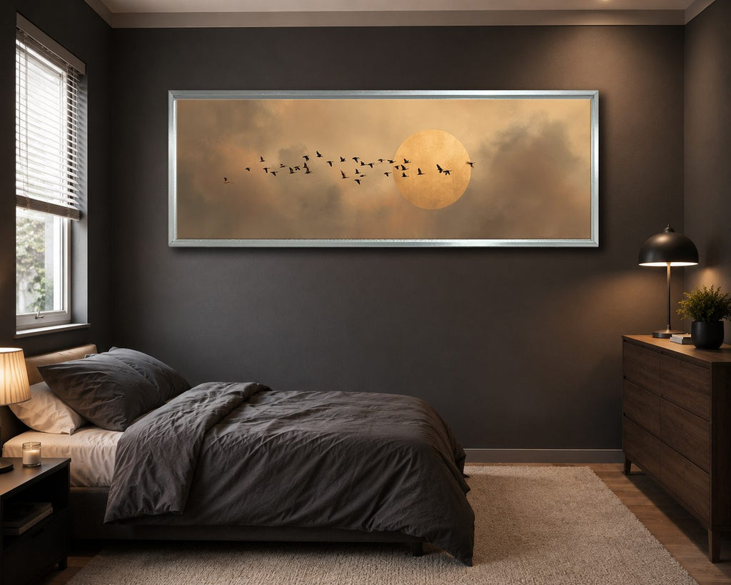 Flock of Birds and Golden Moon canvas wall art, silver floating frame