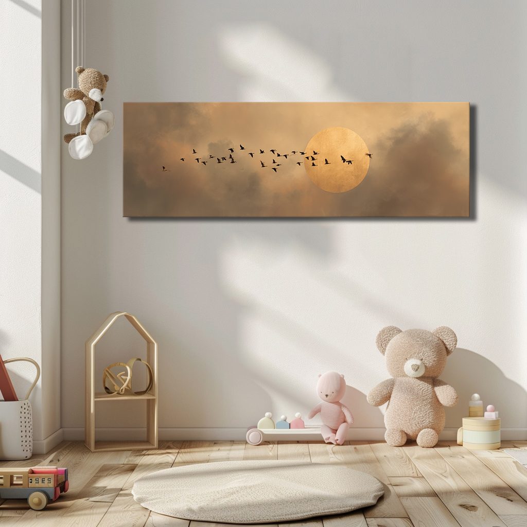 Flock of Birds and Golden Moon canvas wall art, unframed canvas
