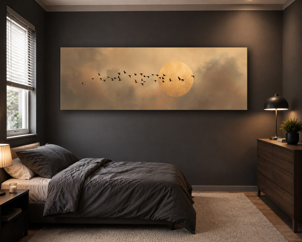 Flock of Birds and Golden Moon canvas wall art, unframed canvas