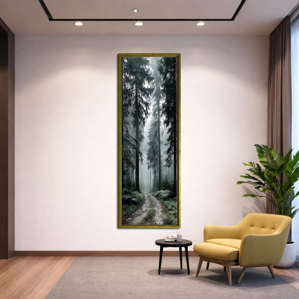 Foggy Forest Path canvas wall art, gold floating frame
