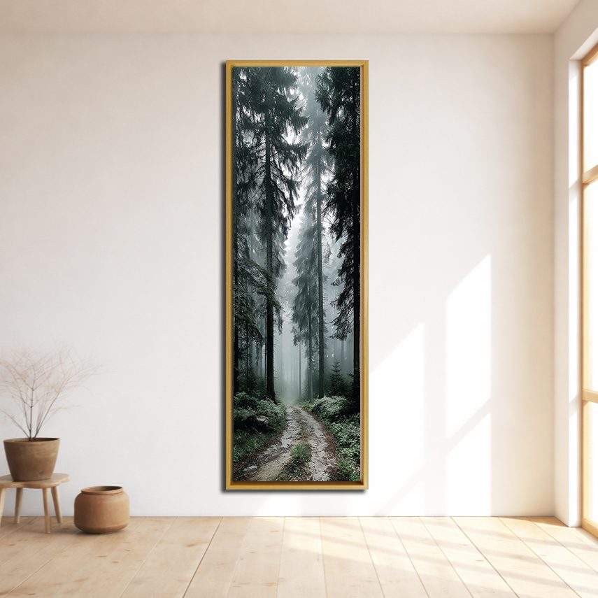 Foggy Forest Path canvas wall art, natural wood floating frame