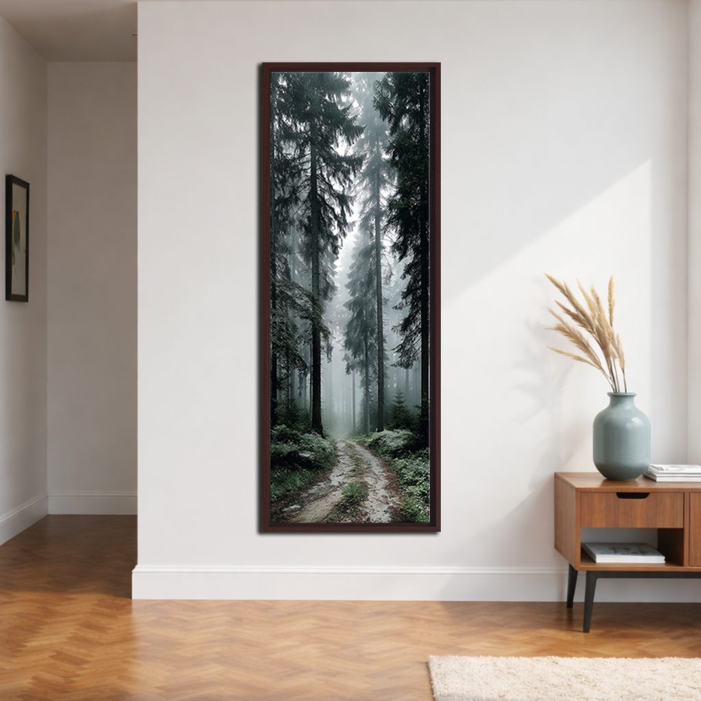 Foggy Forest Path canvas wall art, walnut floating frame