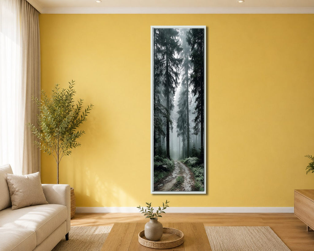 Foggy Forest Path canvas wall art, white floating frame