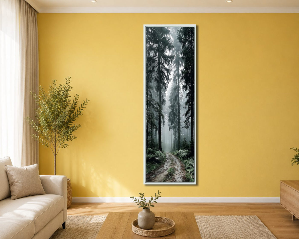Foggy Forest Path canvas wall art, white floating frame