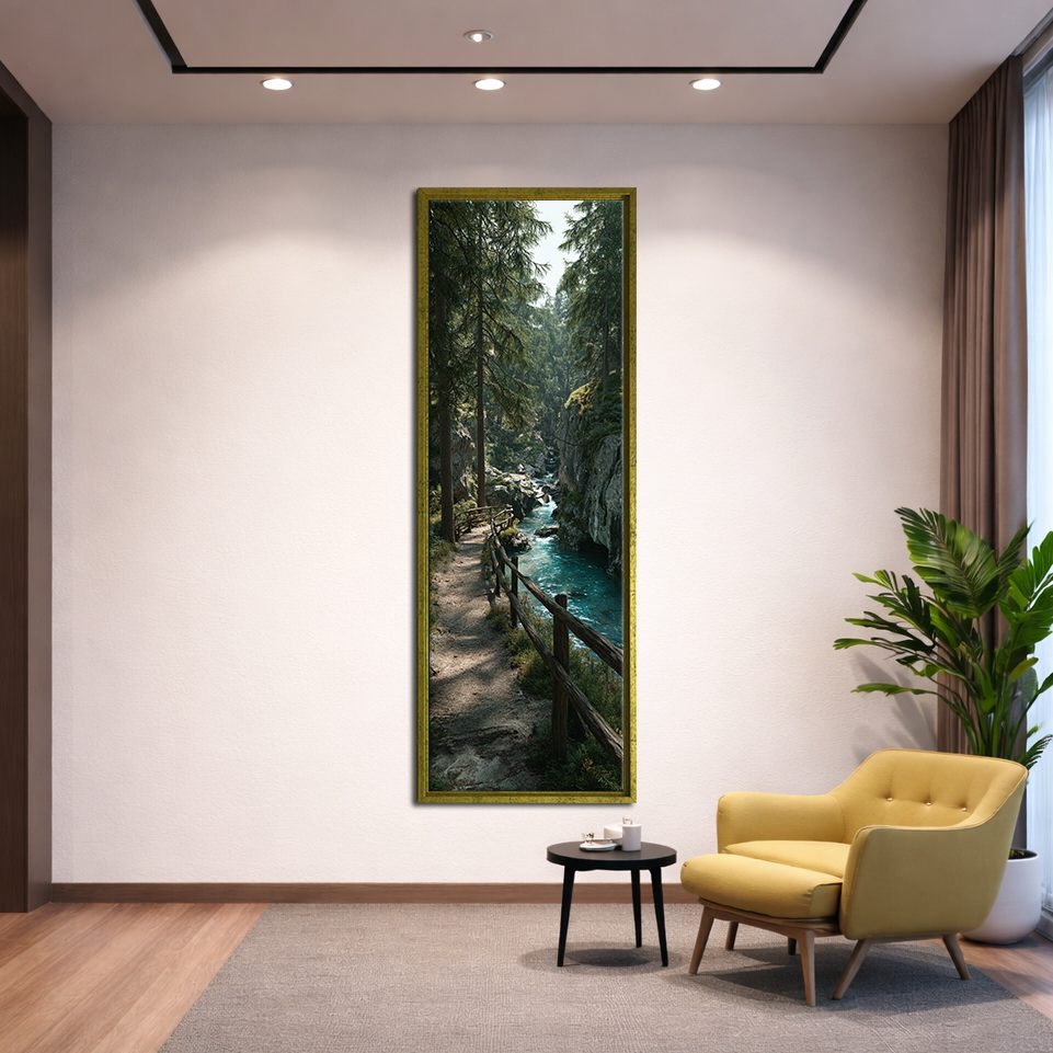 Forest Riverside Boardwalk canvas wall art, gold floating frame