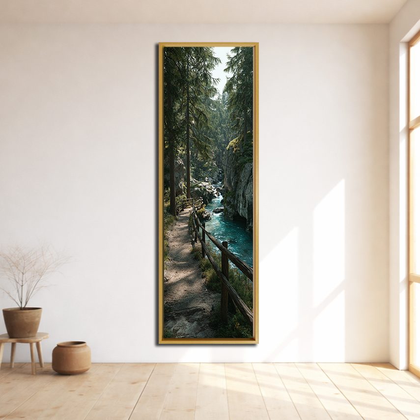 Forest Riverside Boardwalk canvas wall art, natural wood floating frame