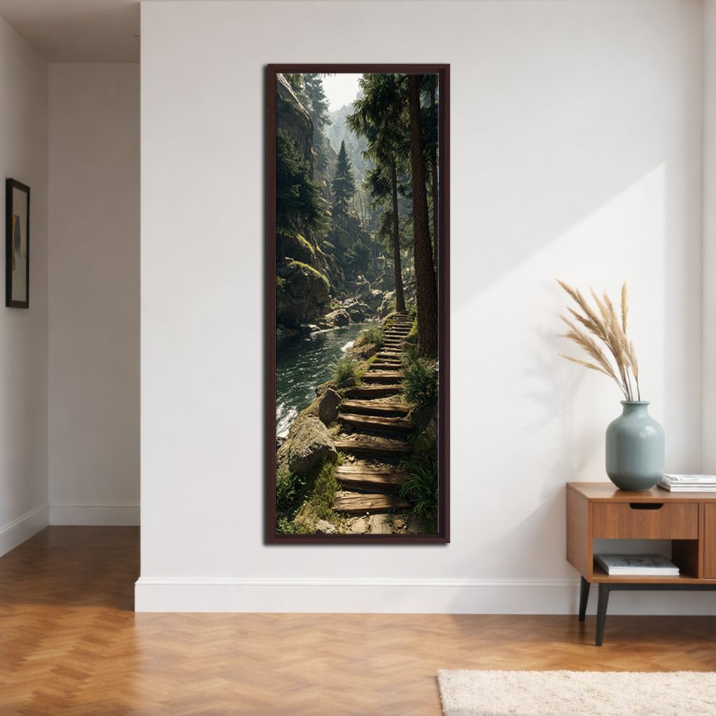 Forest Stone Stairway canvas wall art, walnut floating frame