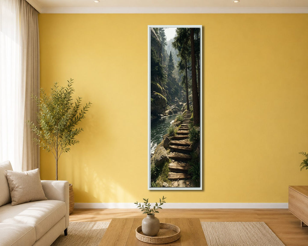 Forest Stone Stairway canvas wall art, white floating frame