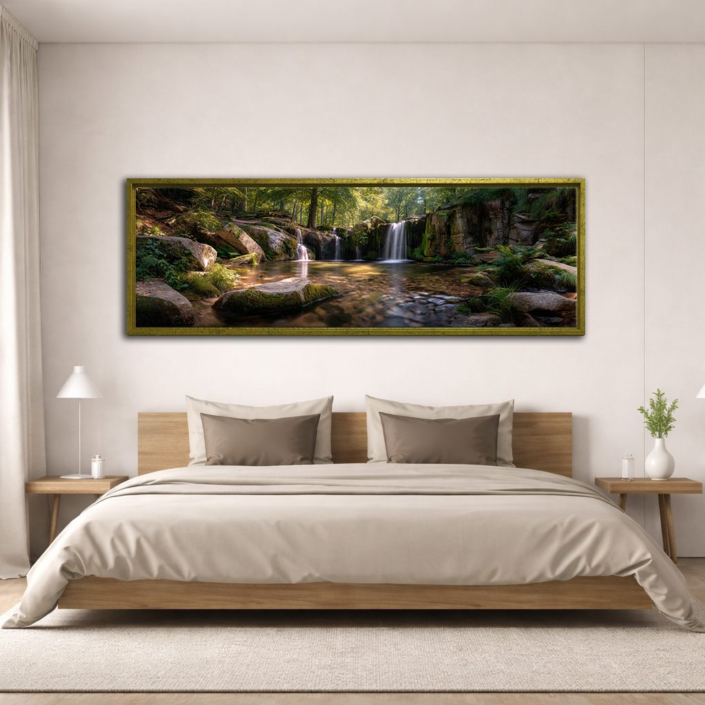 Forest Waterfall and Rocks canvas wall art, antique gold floating frame