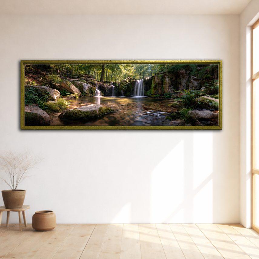 Forest Waterfall and Rocks canvas wall art, gold floating frame