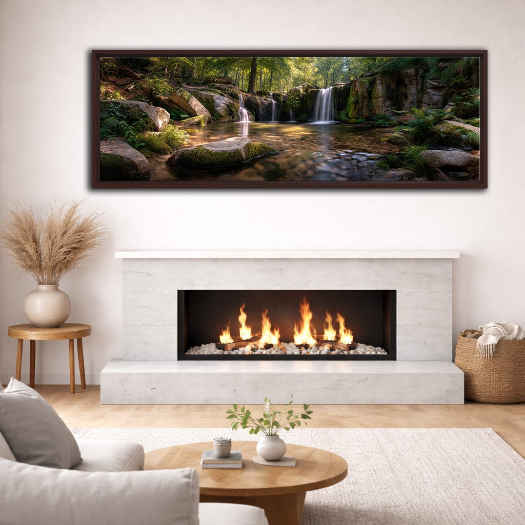 Forest Waterfall and Rocks canvas wall art, walnut floating frame
