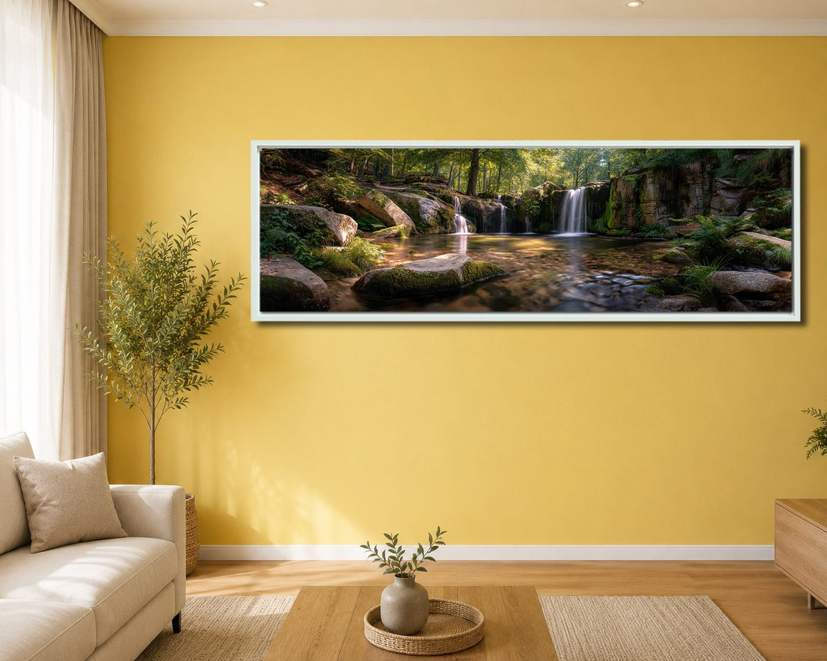 Forest Waterfall and Rocks canvas wall art, white floating frame