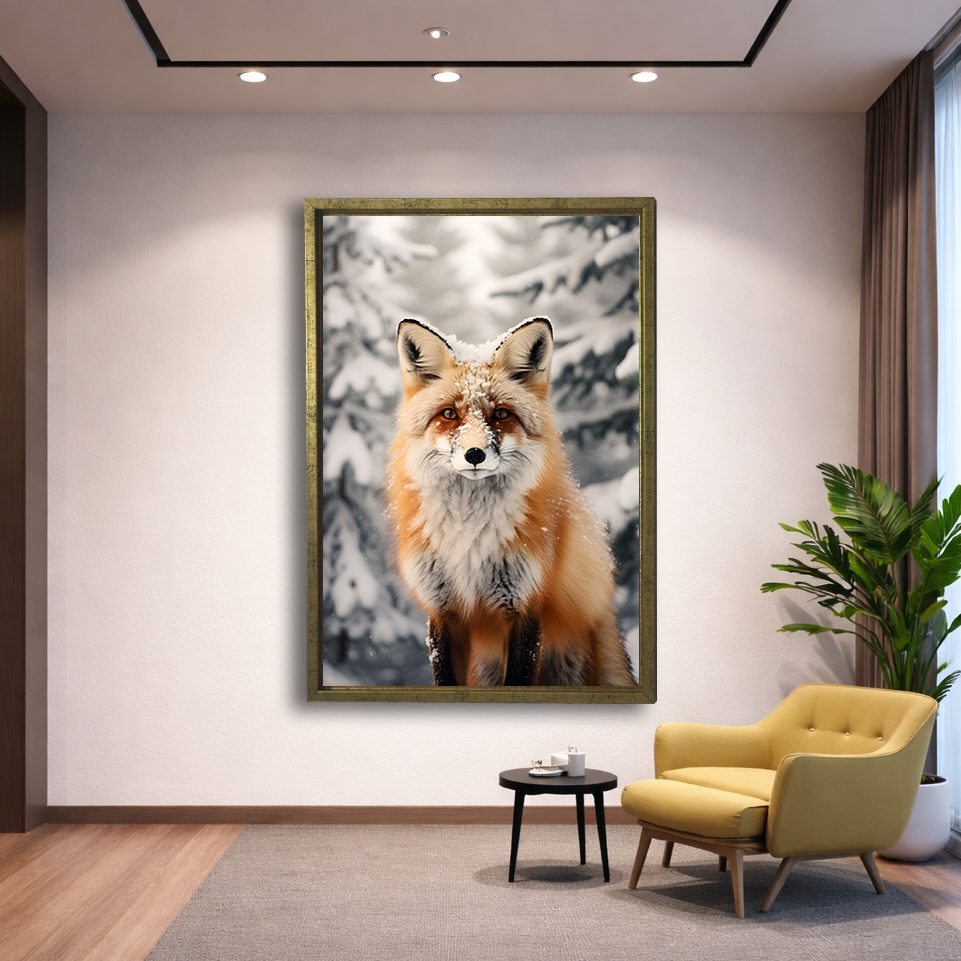 Fox in the Snow canvas wall art, gold floating frame