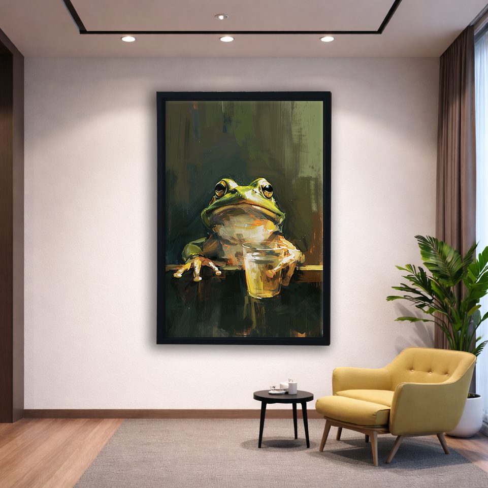 Frog with a Drink canvas wall art, black floating frame