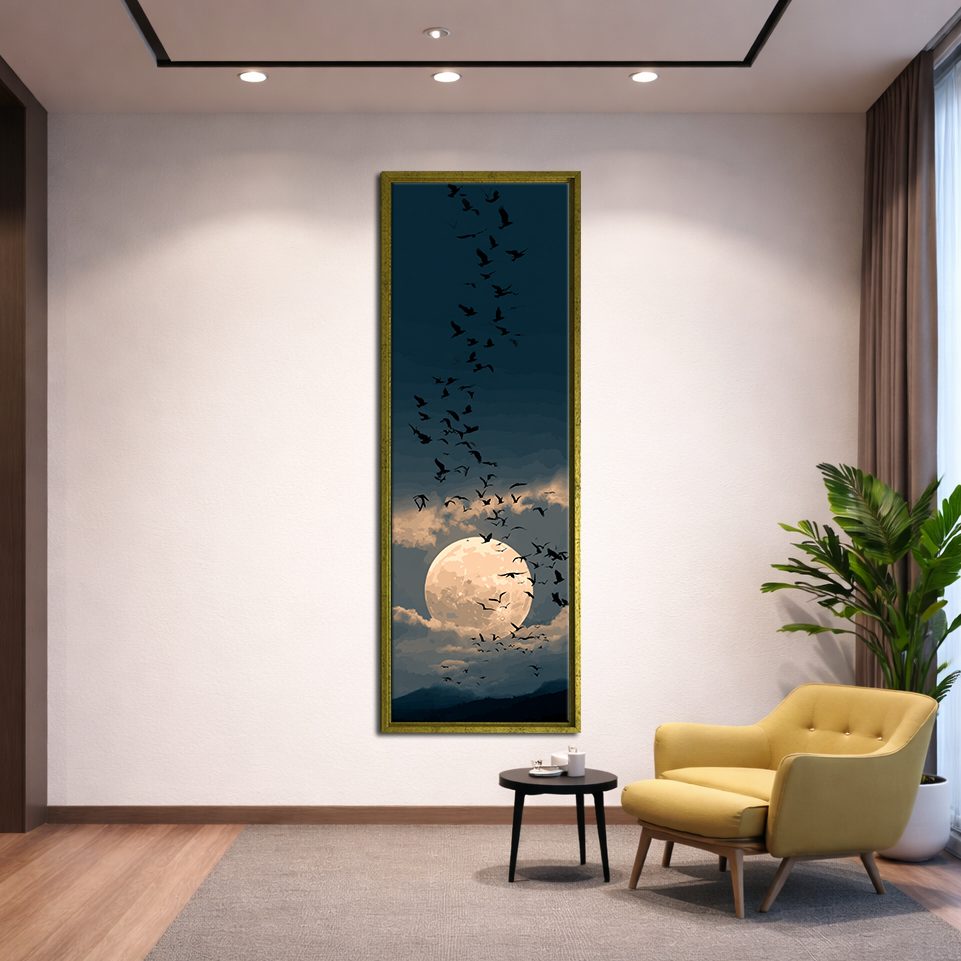 Full Moon and Flying Birds canvas wall art, gold floating frame