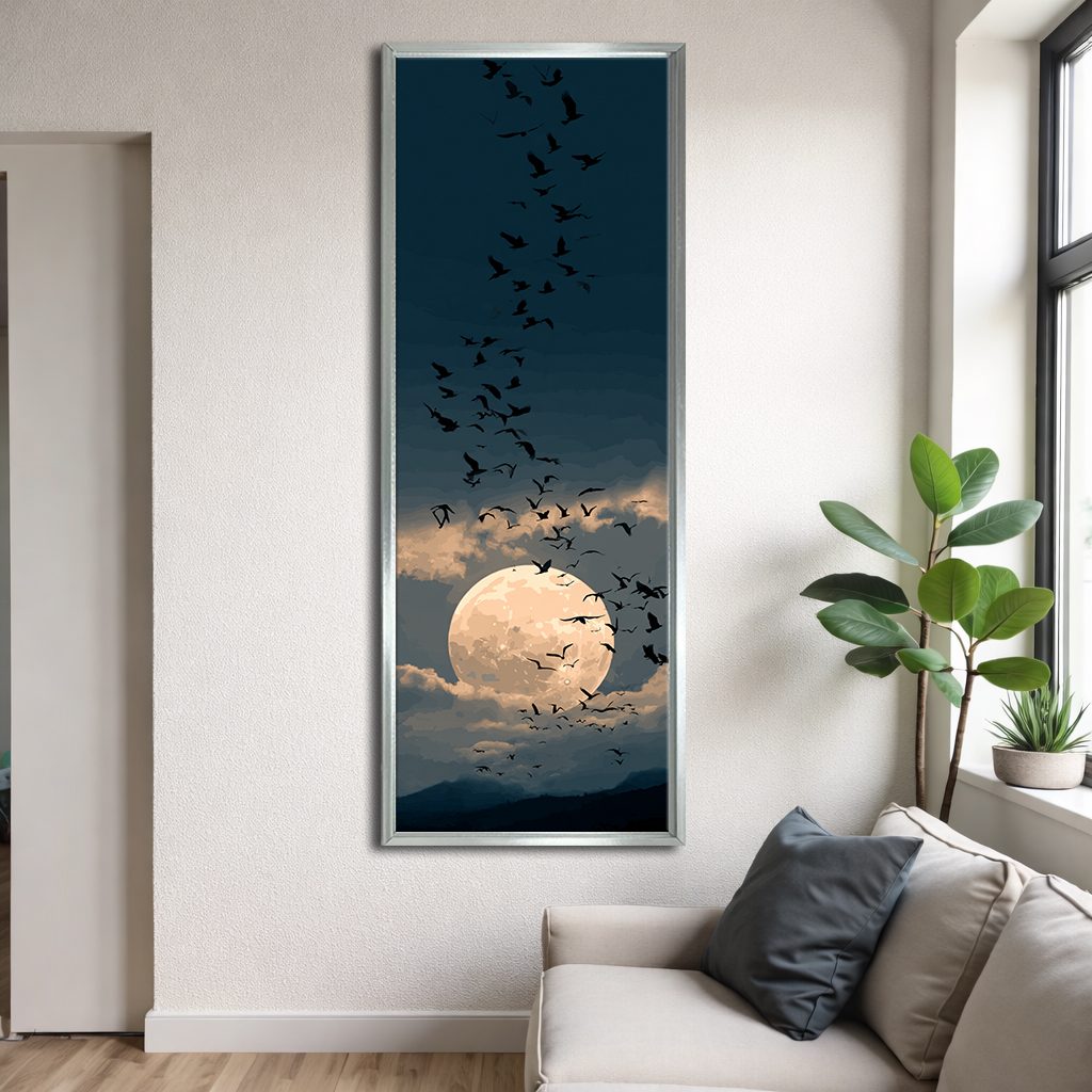 Full Moon and Flying Birds canvas wall art, silver floating frame