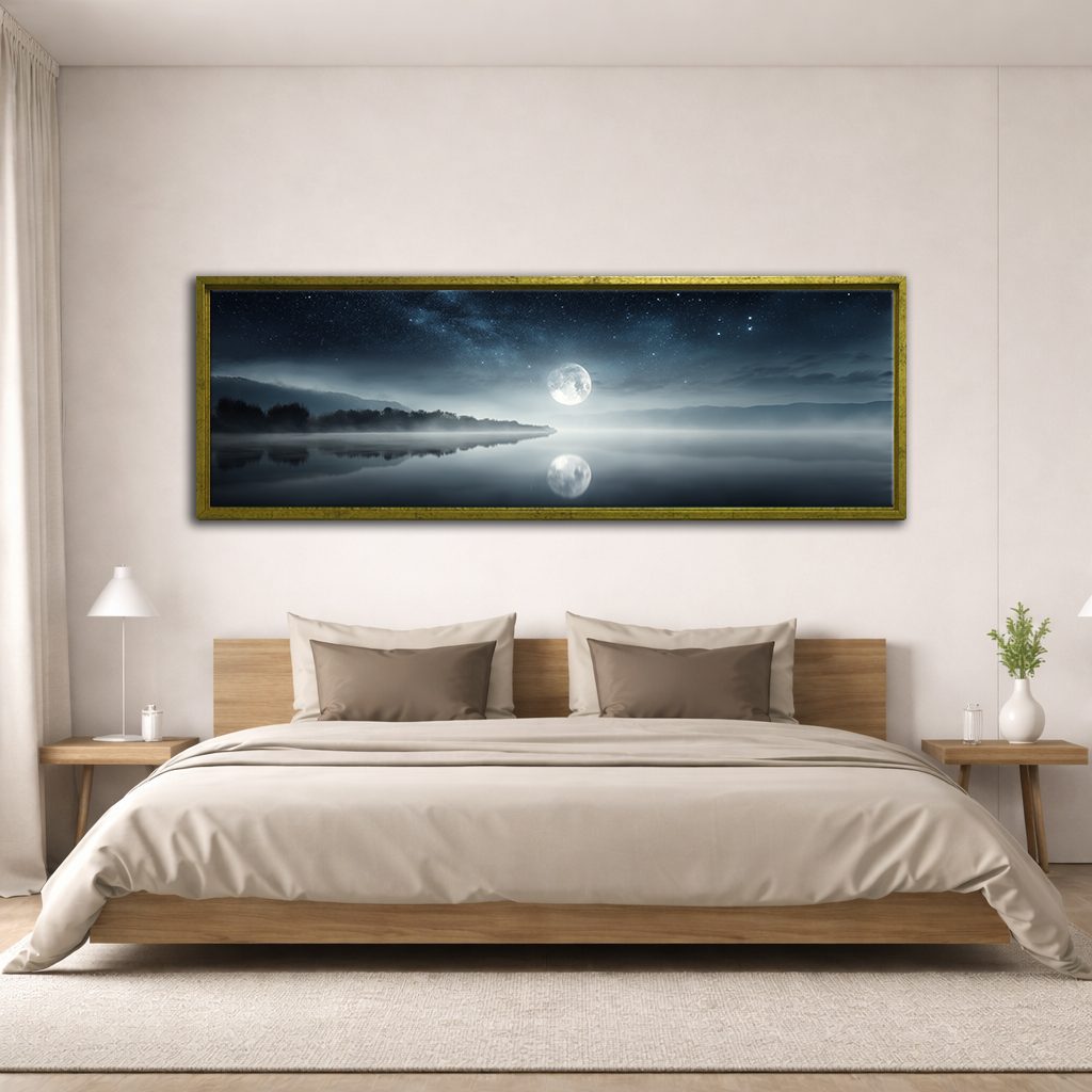 Full Moon over Misty Lake canvas wall art, antique gold floating frame