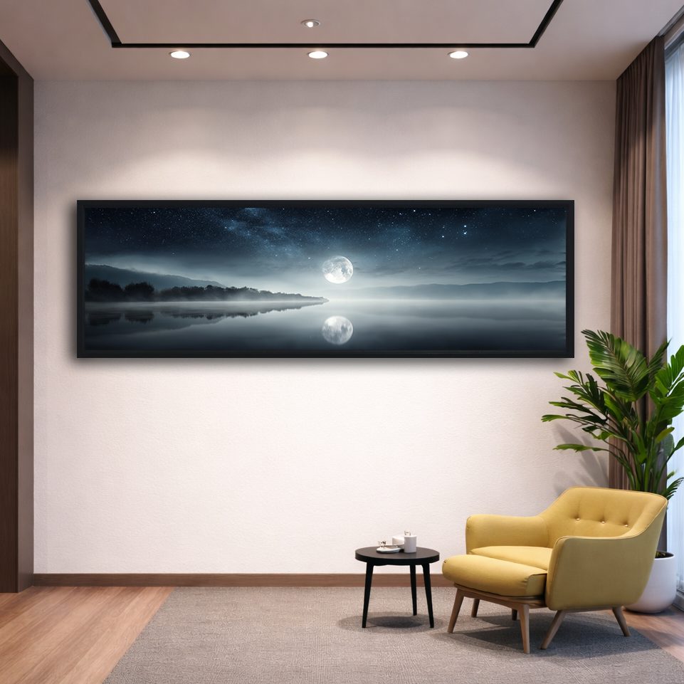 Full Moon over Misty Lake canvas wall art, black floating frame