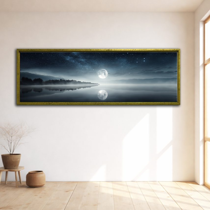 Full Moon over Misty Lake canvas wall art, gold floating frame
