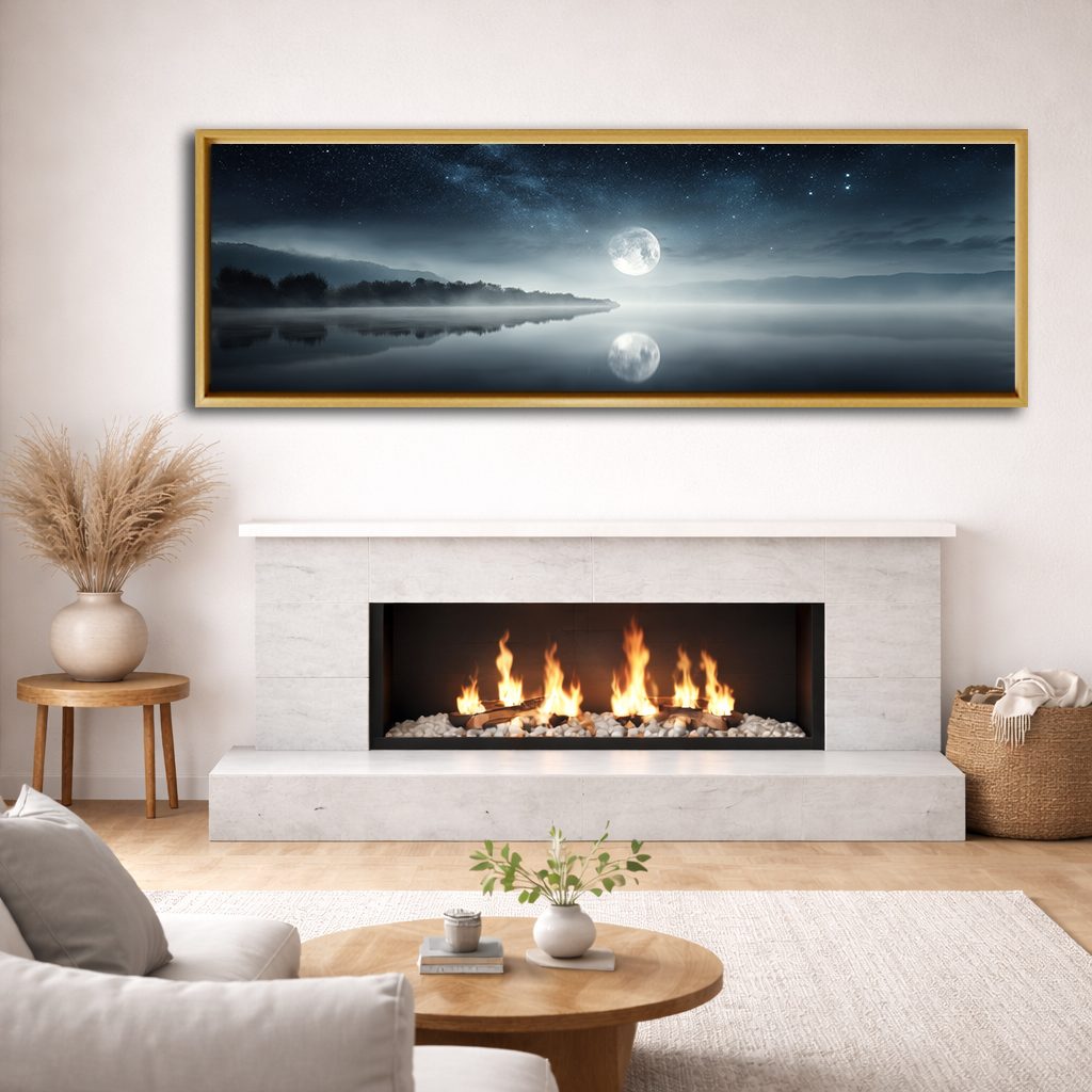 Full Moon over Misty Lake canvas wall art, natural wood floating frame