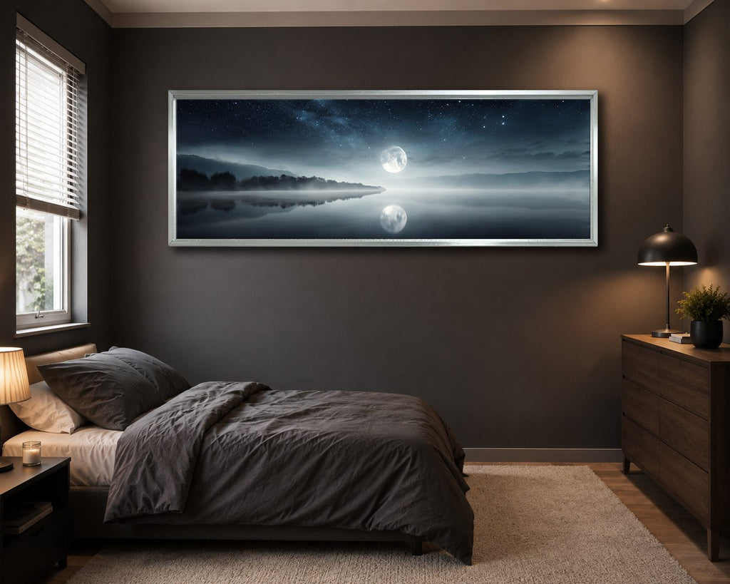 Full Moon over Misty Lake canvas wall art, silver floating frame