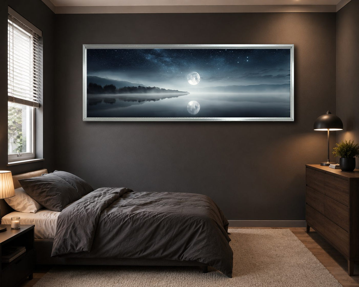 Full Moon over Misty Lake canvas wall art, silver floating frame