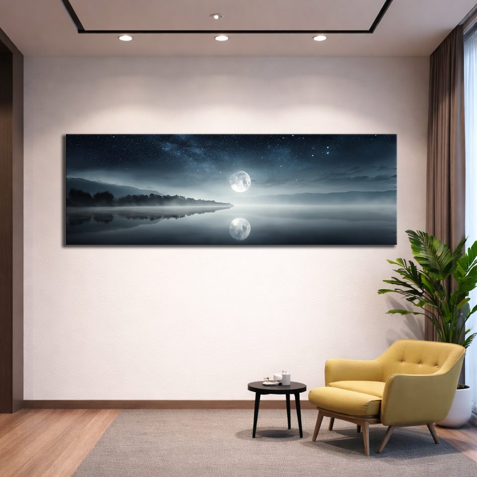 Full Moon over Misty Lake canvas wall art, unframed canvas