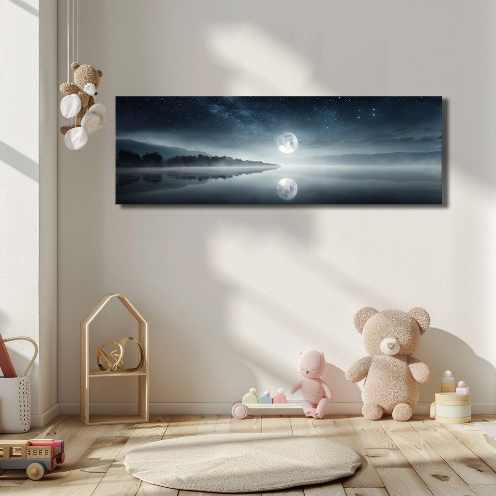 Full Moon over Misty Lake canvas wall art, unframed canvas