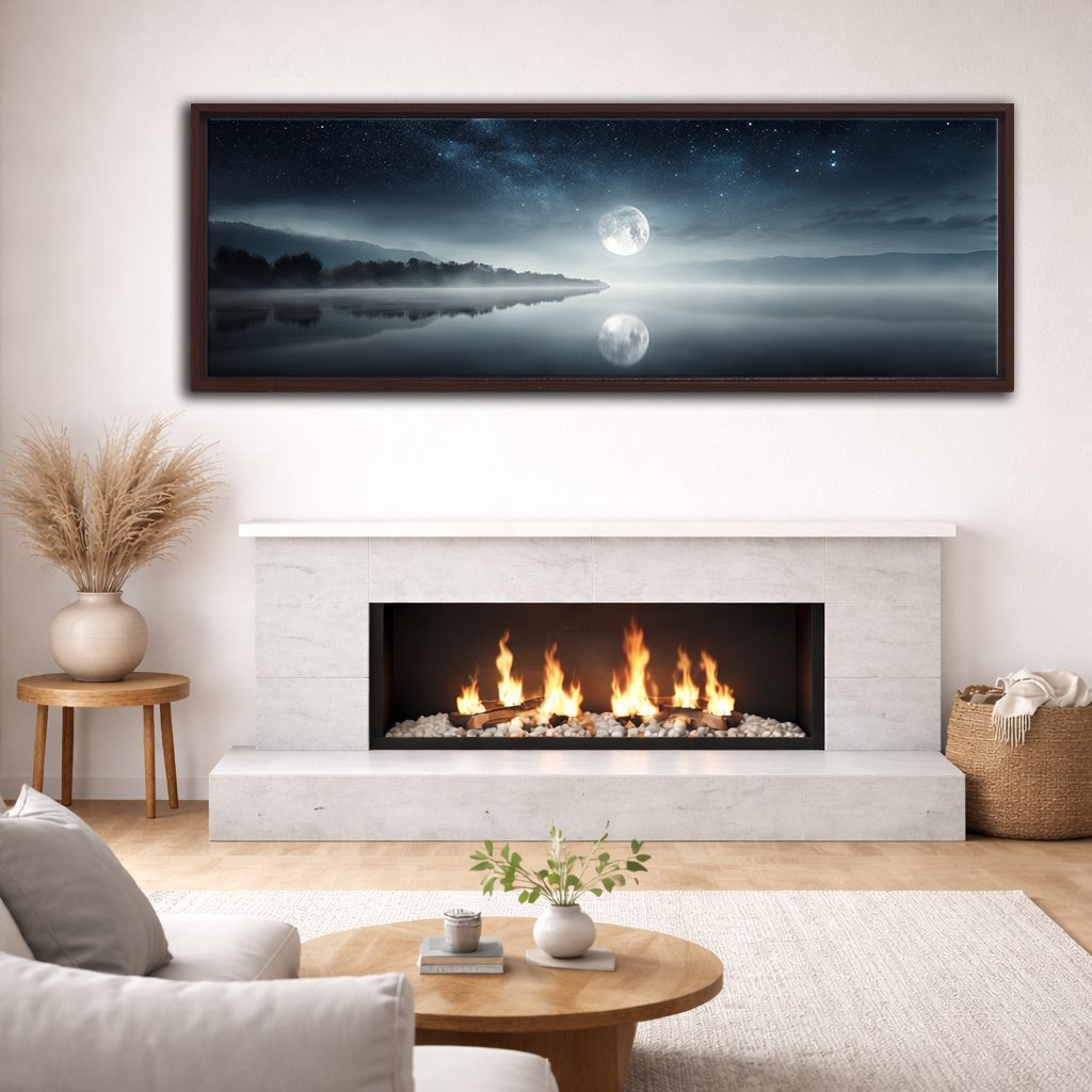 Full Moon over Misty Lake canvas wall art, walnut floating frame