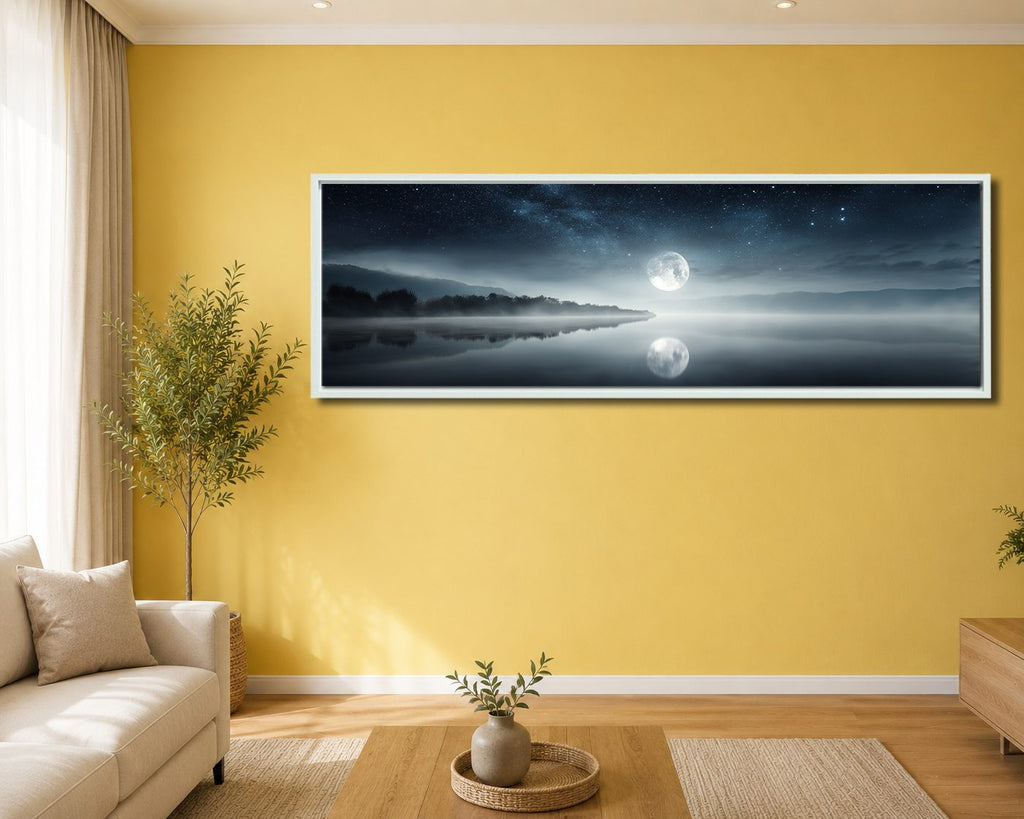 Full Moon over Misty Lake canvas wall art, white floating frame
