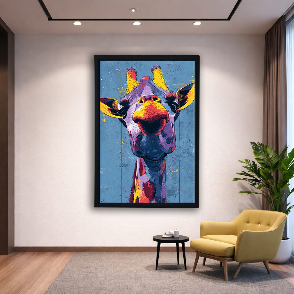 Funny Colorful Giraffe Pop Art canvas wall art, black floating frame