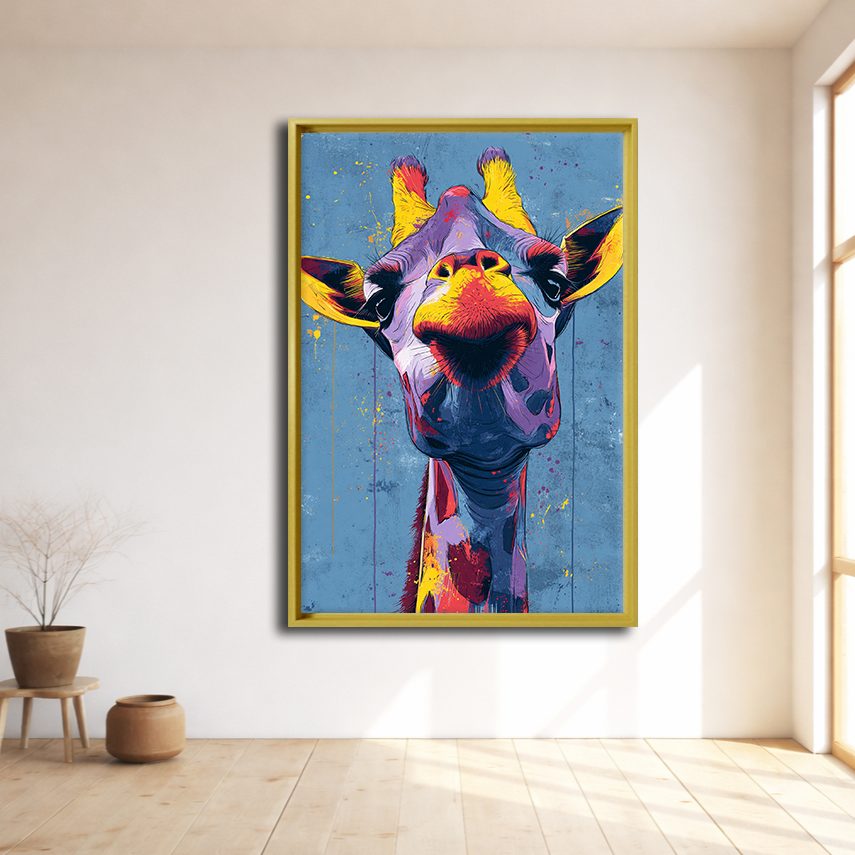 Funny Colorful Giraffe Pop Art canvas wall art, natural wood floating frame