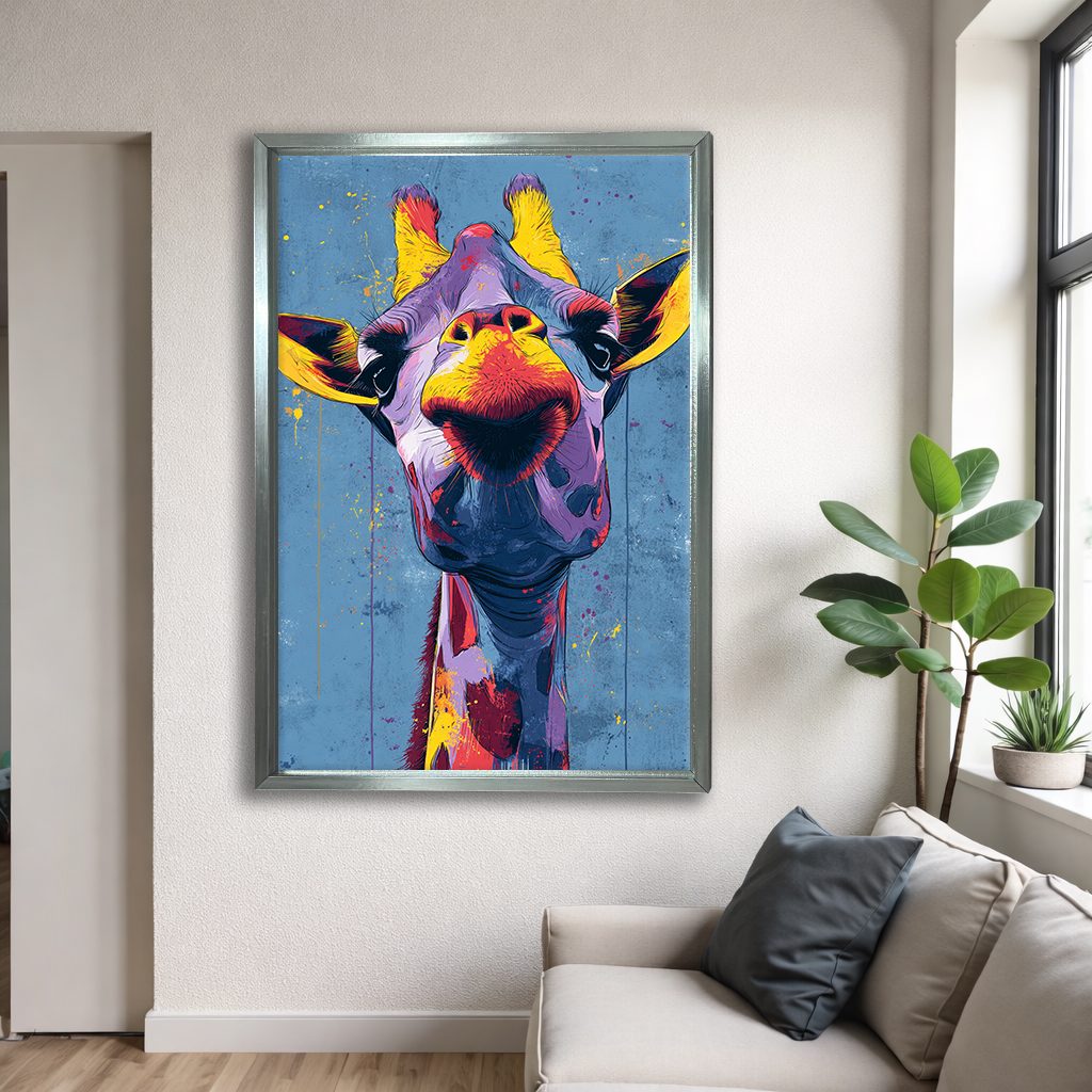 Funny Colorful Giraffe Pop Art canvas wall art, silver floating frame