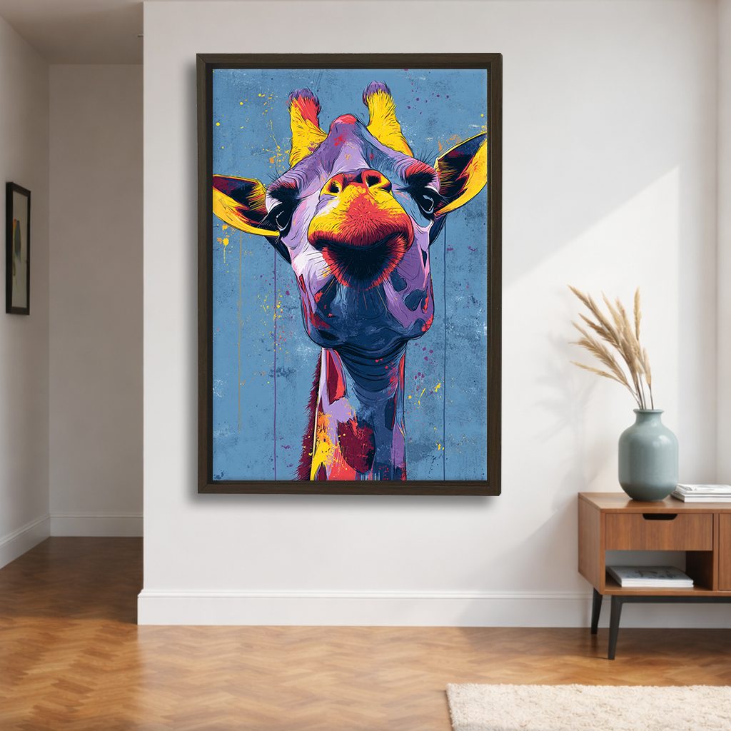 Funny Colorful Giraffe Pop Art canvas wall art, walnut floating frame