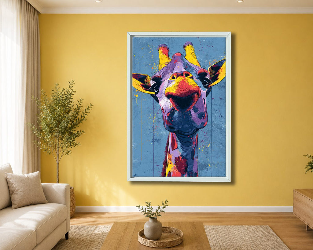 Funny Colorful Giraffe Pop Art canvas wall art, white floating frame