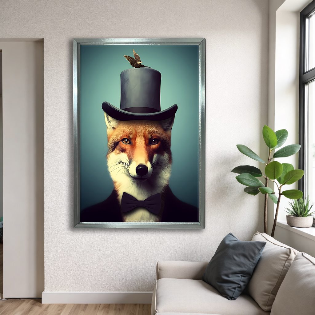 Gentleman Fox with Top Hat canvas wall art, silver floating frame