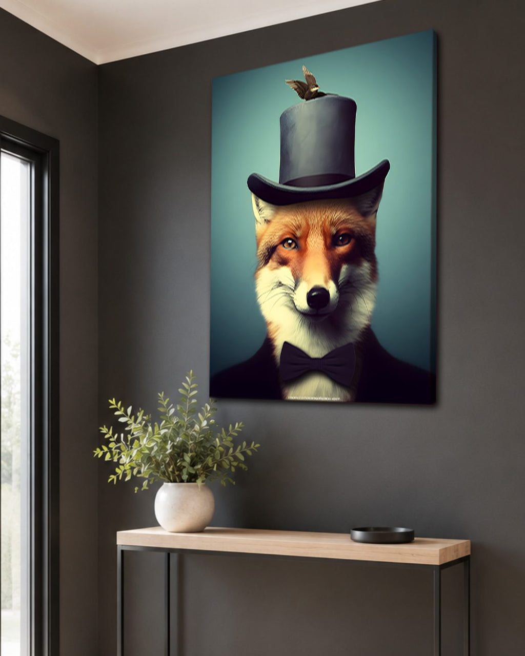 Gentleman Fox with Top Hat canvas wall art, unframed canvas