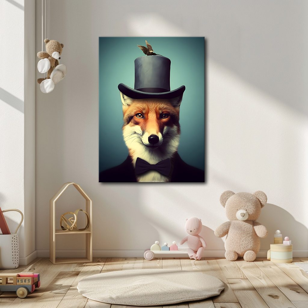 Gentleman Fox with Top Hat canvas wall art, unframed canvas
