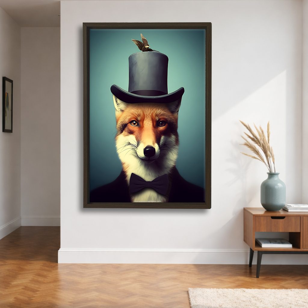 Gentleman Fox with Top Hat canvas wall art, walnut floating frame