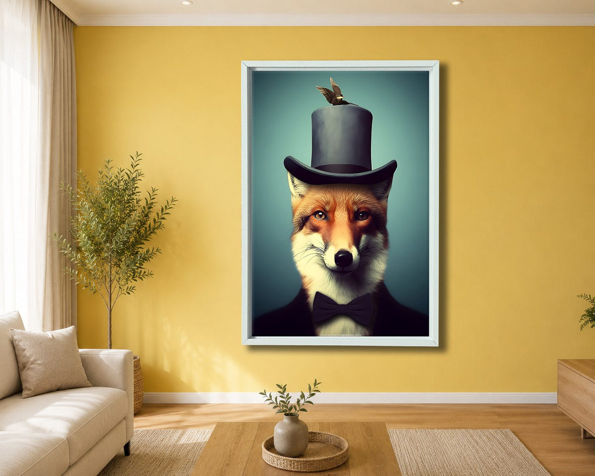 Gentleman Fox with Top Hat canvas wall art, white floating frame