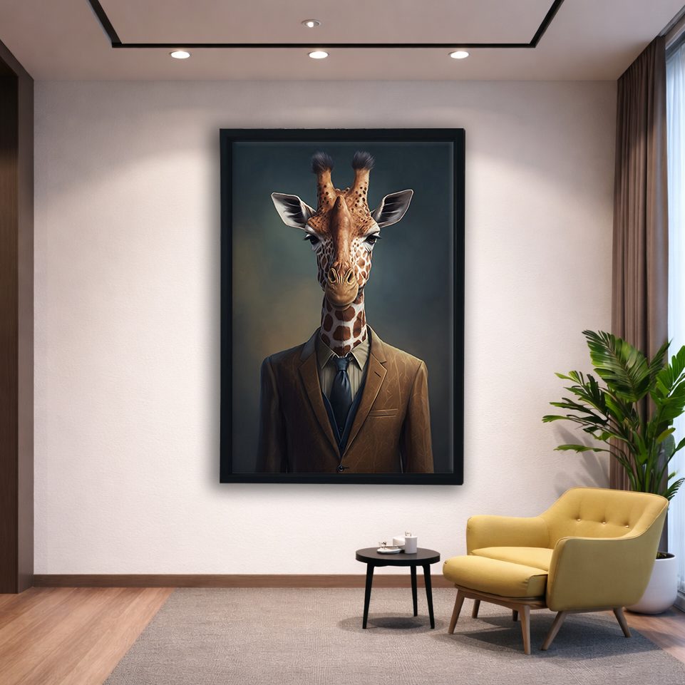 Giraffe in a Suit Portrait canvas wall art, black floating frame