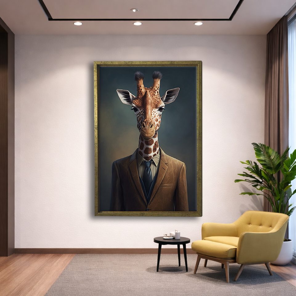Giraffe in a Suit Portrait canvas wall art, gold floating frame