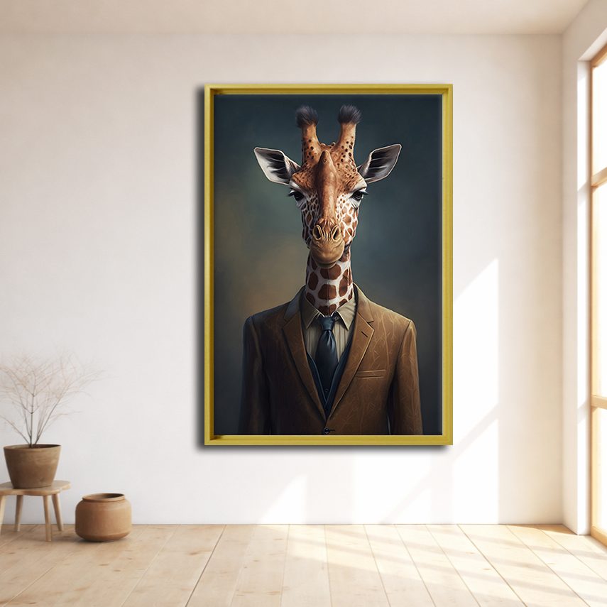 Giraffe in a Suit Portrait canvas wall art, natural wood floating frame