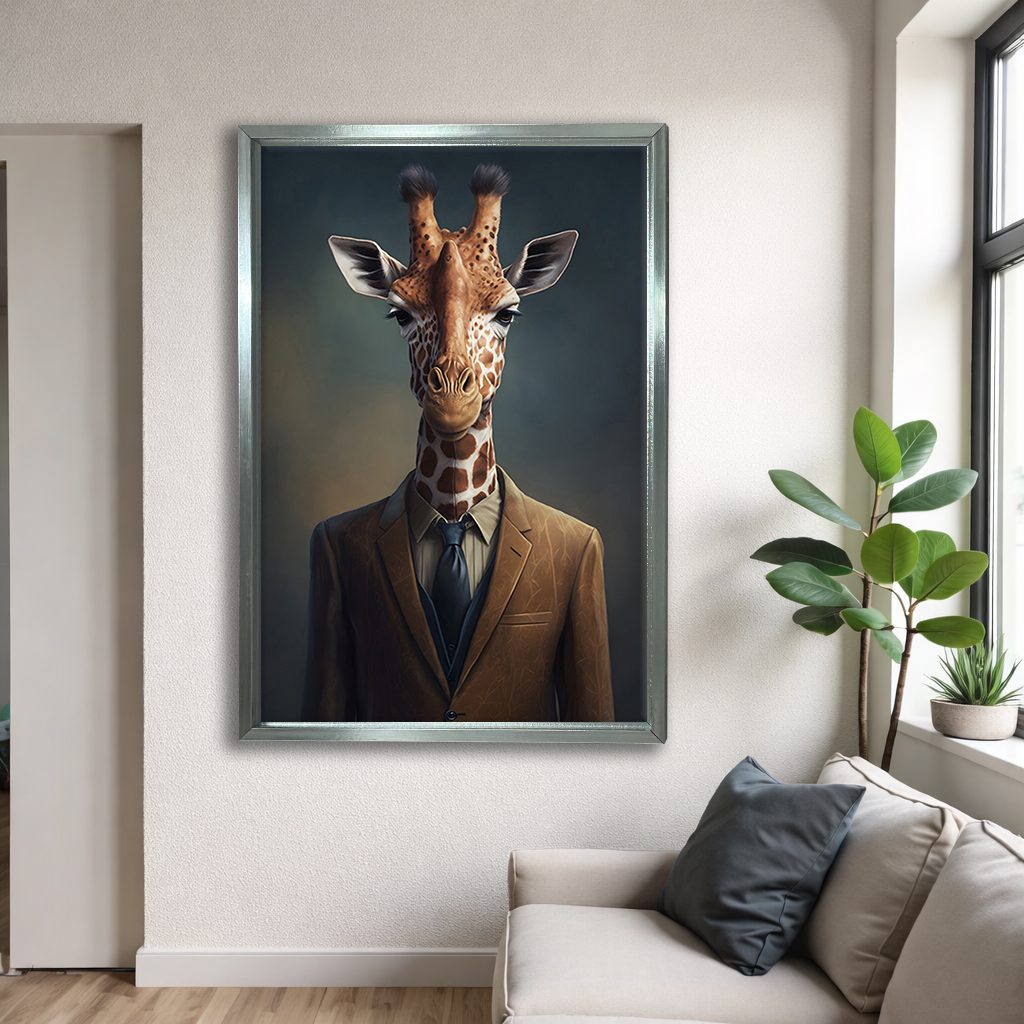 Giraffe in a Suit Portrait canvas wall art, silver floating frame