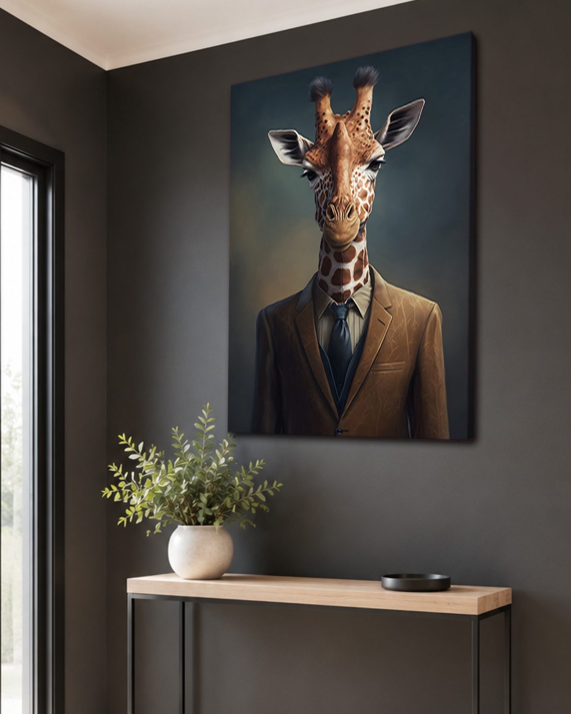 Giraffe in a Suit Portrait canvas wall art, unframed canvas