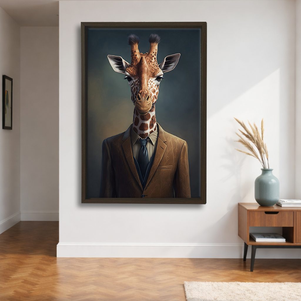 Giraffe in a Suit Portrait canvas wall art, walnut floating frame