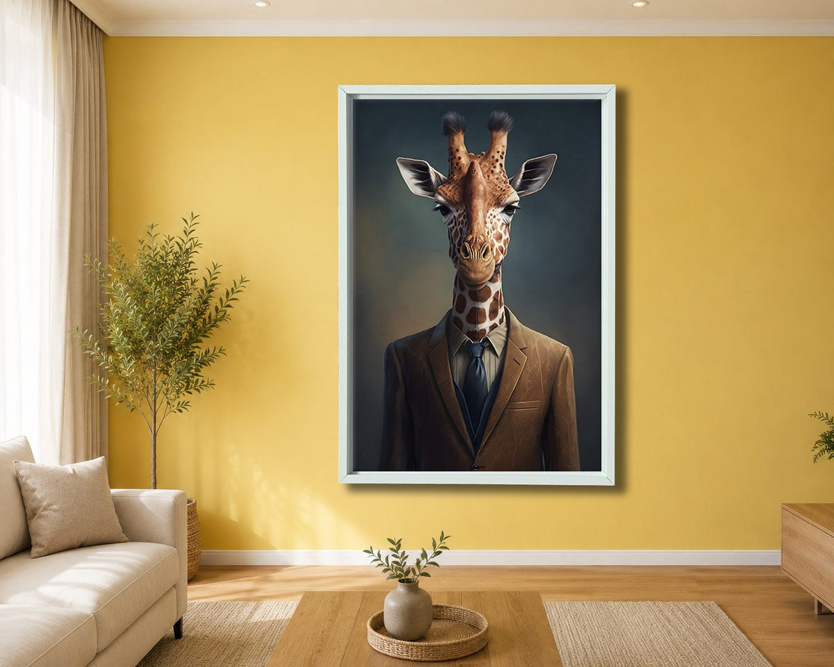 Giraffe in a Suit Portrait canvas wall art, white floating frame