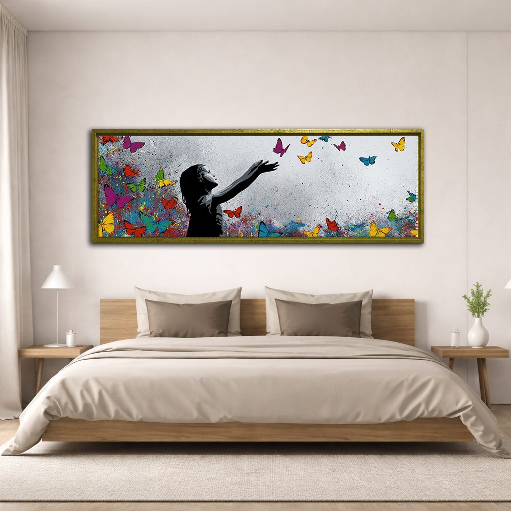 Girl Releasing Colorful Butterflies canvas wall art, antique gold floating frame